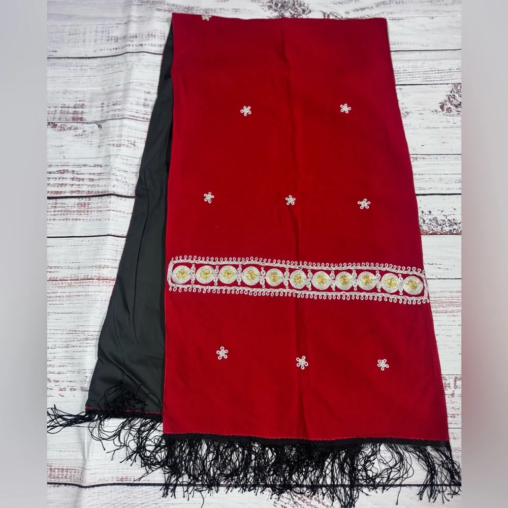 Embroidered Red Shawl with Black Fringe
